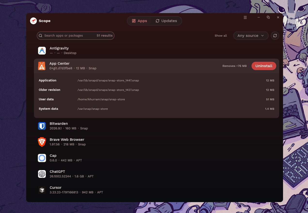 App Center expanded in Scope for Linux, showing application, older revision, user data and system data with sizes, and an estimate of about 76 MB removed