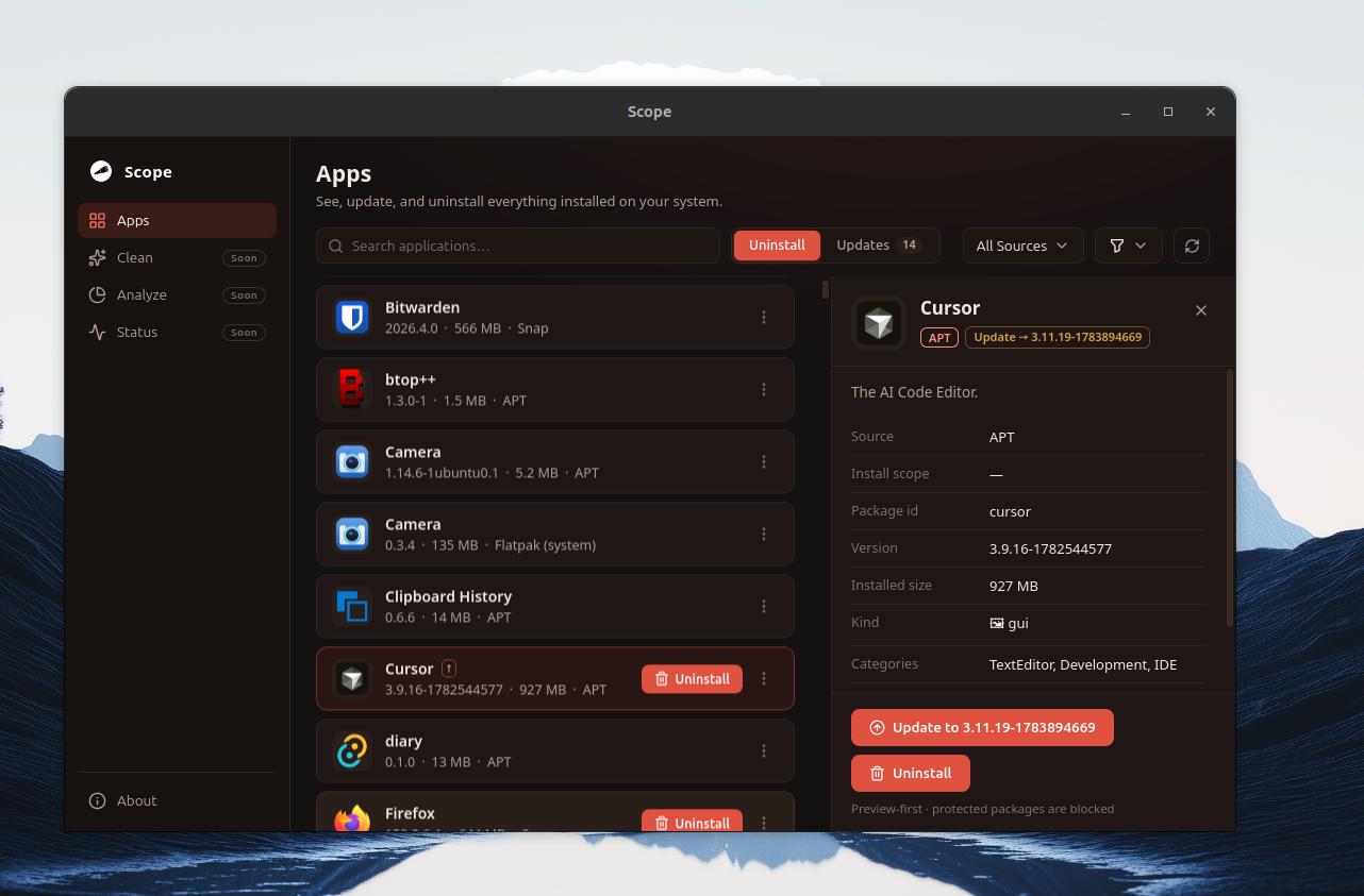 Scope's package detail drawer for Cursor — showing source, package id, version, installed size, and categories, with Update and Uninstall actions