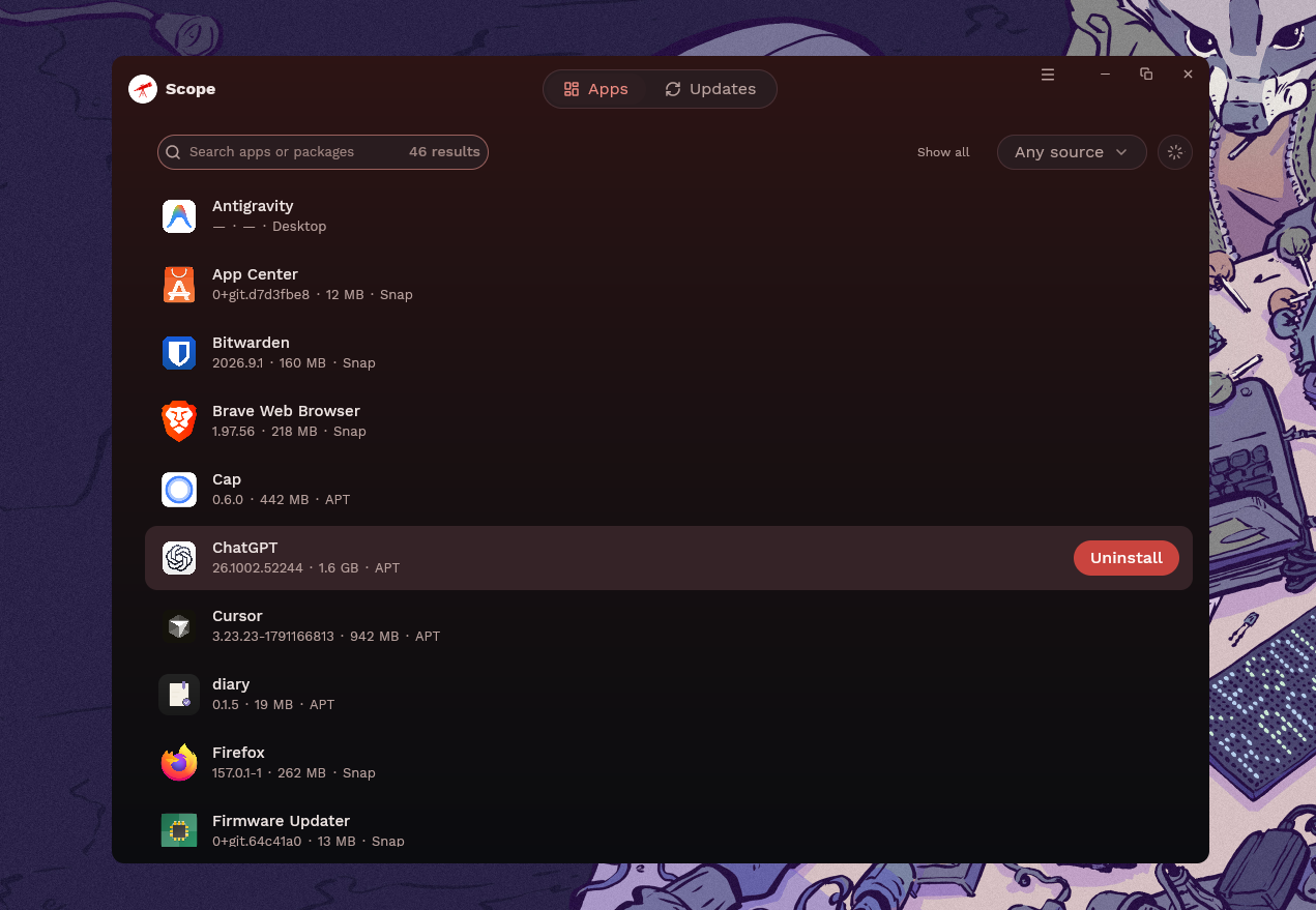 Scope for Linux showing installed apps from Snap, APT and desktop launchers in one list, with search, Show all and a source filter